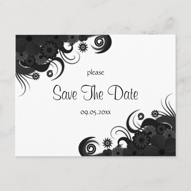 Modern Floral Black and White Goth Save The Date Announcement Postcard (Front)