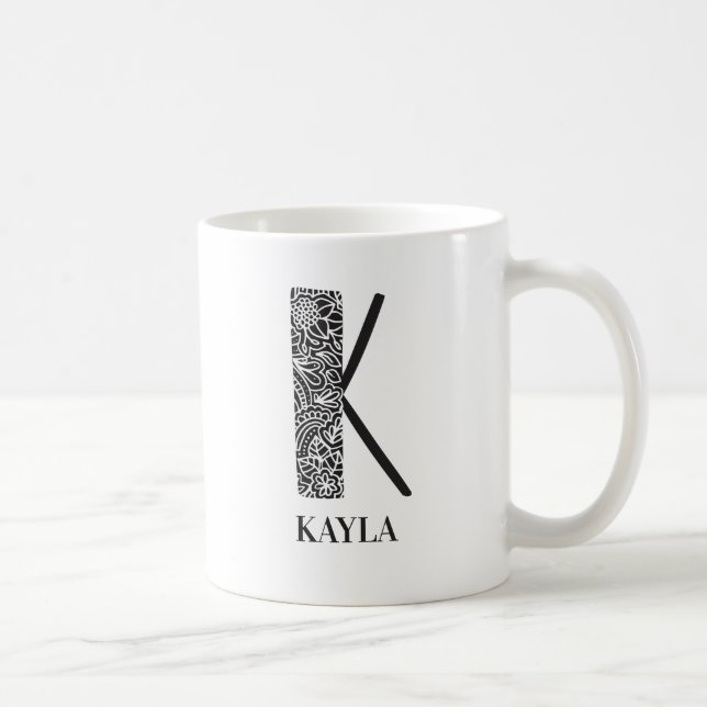 Modern Floral Black and White Initial K and Name Coffee Mug (Right)