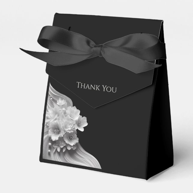 Modern Floral Black and White Wedding Favour Box (Front Side)