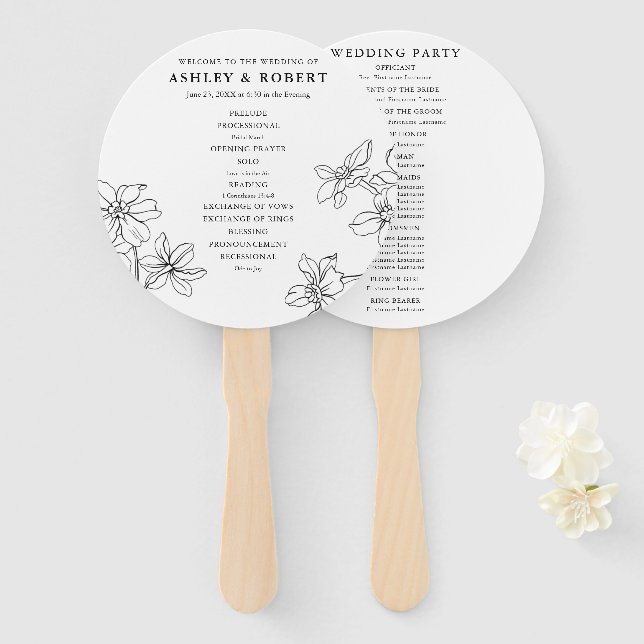 Modern Floral Black and White Wedding  Program Hand Fan (Front and Back)