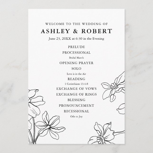 Modern Floral Black and White Wedding  Programme (Front)