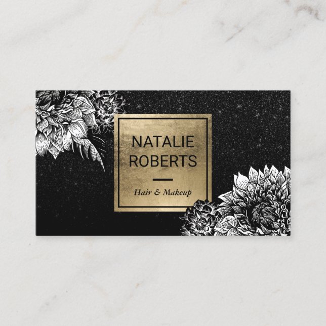 Modern Floral Black Glitter Beauty Salon Business Card (Front)