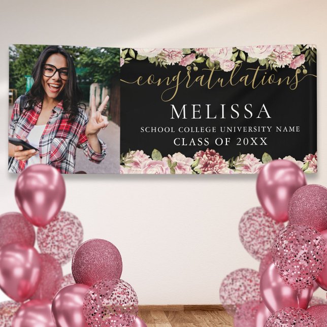 Modern Floral Black Gold Script Photo Graduation Banner (Modern Floral Black Gold Script Photo Graduation Banner)