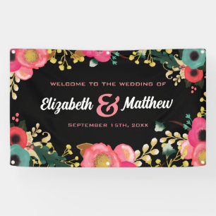 Modern Floral Black   Pink   Teal Wedding  Banner