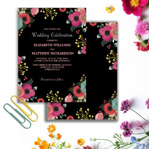Modern Floral Black   Pink   Teal Wedding Invitation