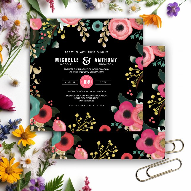Modern Floral Black | Pink | Teal Wedding Invitation (Creator Uploaded)