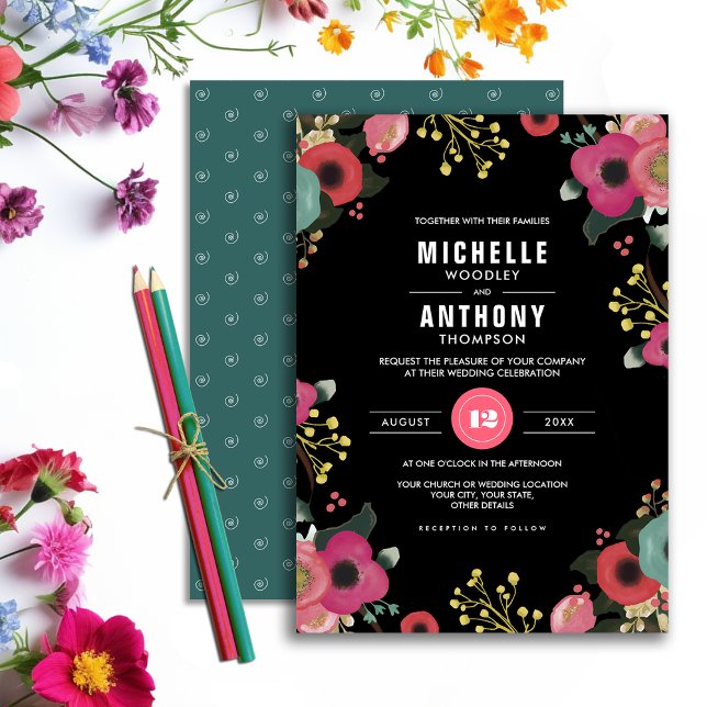 Modern Floral Black | Pink | Teal Wedding Invitation (Creator Uploaded)
