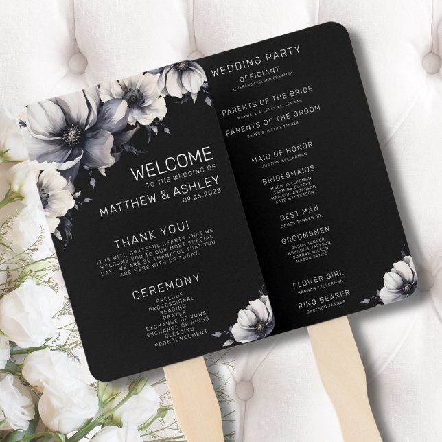 Modern Floral Black Wedding Ceremony Program Hand Fan (Ceremony Program Modern Floral Black White Wedding Hand Fan)