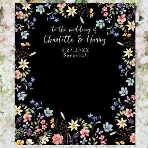 Modern Floral Black Wedding Photo  Backdrop Tapestry