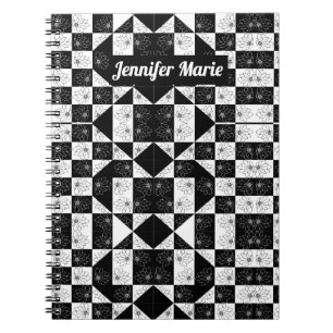 Modern Floral Black & White Chequered Custom Name Notebook