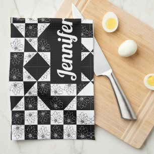Modern Floral Black & White Chequered Custom Name Tea Towel