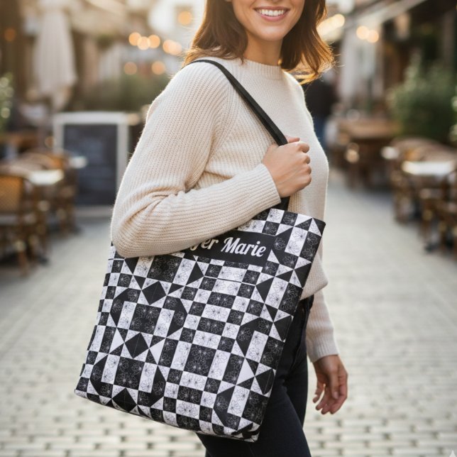 Modern Floral Black & White Chequered Custom Name Tote Bag (Creator Uploaded)