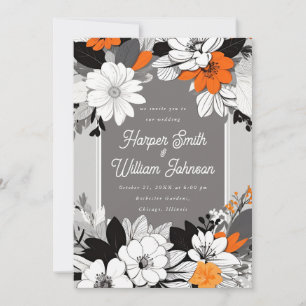 Modern floral black, white, orange wedding invitation