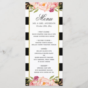 Modern Floral Black White Striped   Wedding Menu