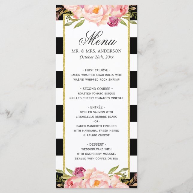 Modern Floral Black White Striped | Wedding Menu (Front)