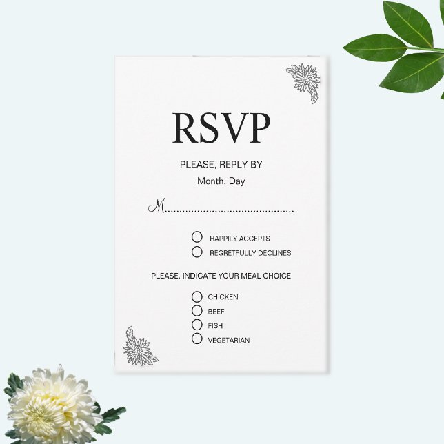 Modern Floral Black & White Wedding RSVP Card (Creator Uploaded)