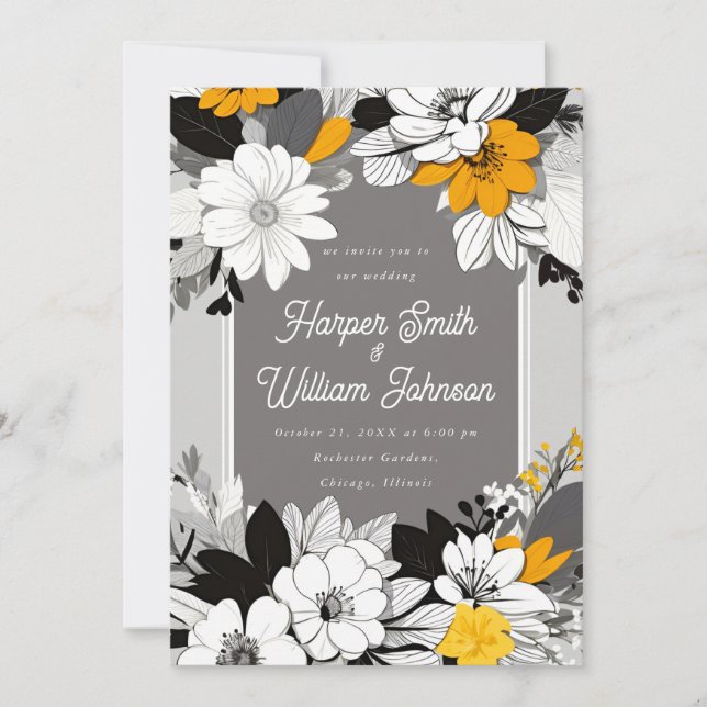 Modern floral black, white, yellow wedding invitation (Front)