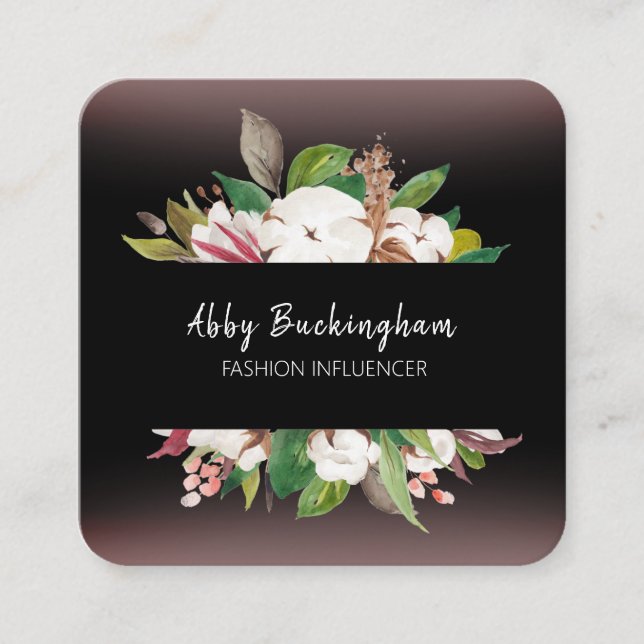 Modern Floral Black with QR Code Square Business Card (Front)