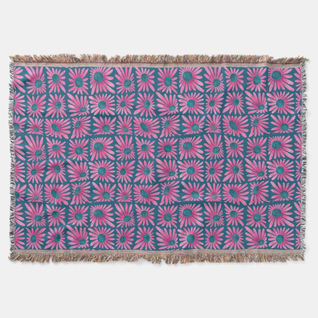 Modern floral block print pink daisy throw blanket (Front)