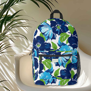 Modern Floral Blue and Green Monogram Printed Backpack