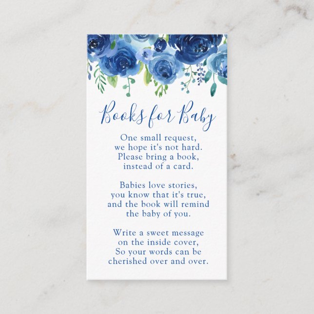 Modern Floral Blue Boy Books Baby Shower Enclosure Card (Front)