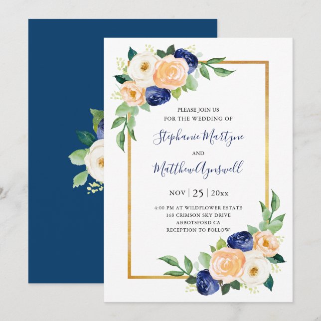 Modern Floral Blue Coral Wedding Invitation (Front/Back)