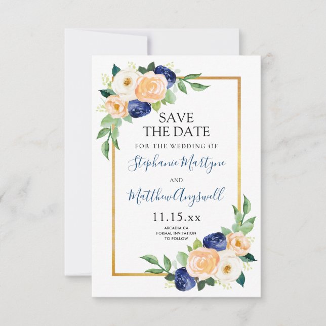 Modern Floral Blue Coral Wedding Save The Date (Front)