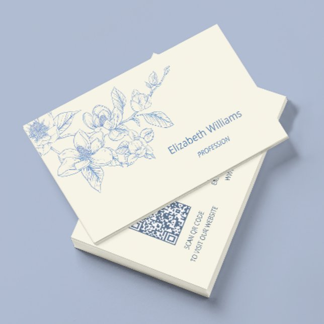 Modern Floral Blue Cream Magnolia | QR Code Business Card (Creator Uploaded)