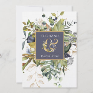 Modern Floral  Blue & Green w Ampersand Wedding Invitation