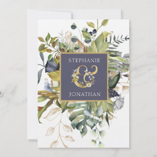 Modern Floral  Blue & Green w Ampersand Wedding Invitation