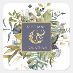 Modern Floral  Blue & Green w Ampersand Wedding Square Sticker