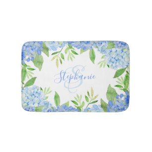Modern Floral Blue Hydrangea Watercolor Monogram Bath Mat