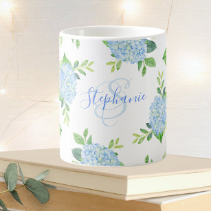 Modern Floral Blue Hydrangea Watercolor Monogram Coffee Mug