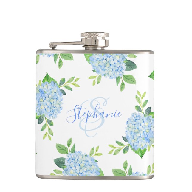 Modern Floral Blue Hydrangea Watercolor Monogram Hip Flask (Front)