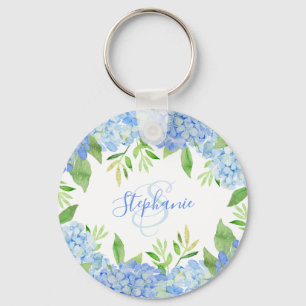 Modern Floral Blue Hydrangea Watercolor Monogram Key Ring