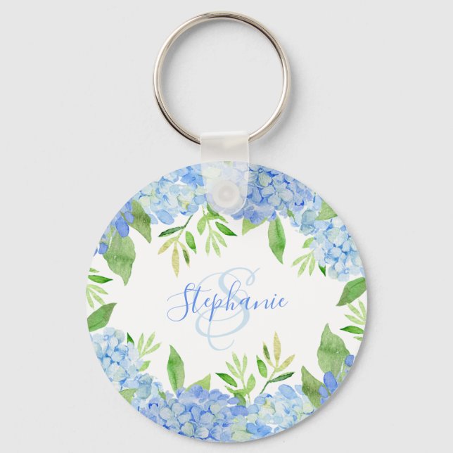 Modern Floral Blue Hydrangea Watercolor Monogram Key Ring (Front)