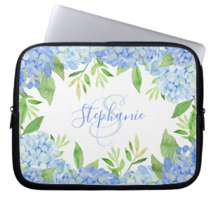 Modern Floral Blue Hydrangea Watercolor Monogram Laptop Sleeve