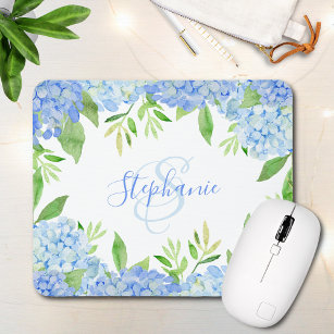 Modern Floral Blue Hydrangea Watercolor Monogram Mouse Mat