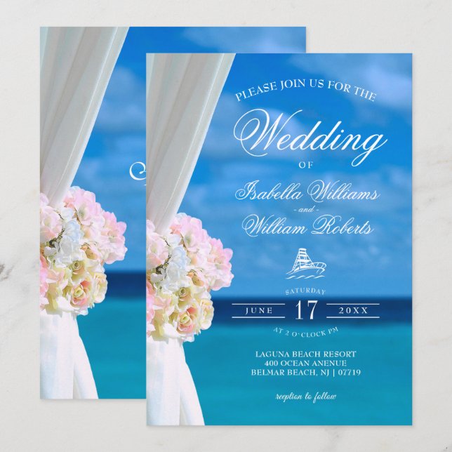 Modern Floral Blue Ocean Beach Wedding Invitation (Front/Back)