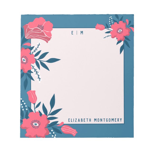 Modern Floral Blue Personalised Name Monogram  Notepad (Front)