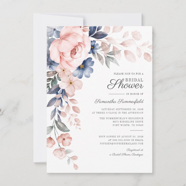 Modern Floral Blue Pink Botanical Bridal Shower Invitation (Front)