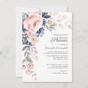 Modern Floral Blue Pink Botanical Bridal Shower Invitation