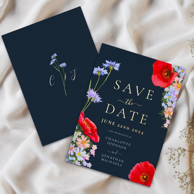 Modern Floral Blue Red Wedding Save The Date Gold (Elegant wildflower watercolor floral navy blue red blush orange wedding save the date gold foil card)