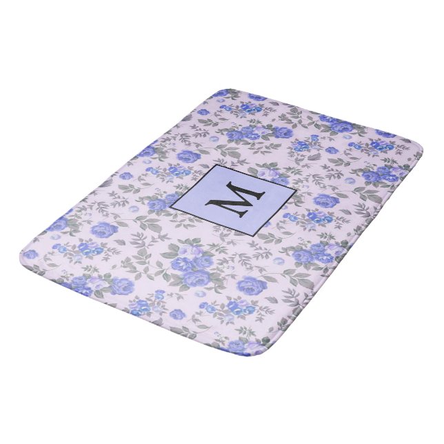 Modern Floral Blue Rose Bath Mat (Angled)