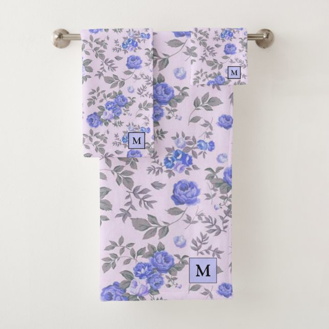 Modern Floral Blue Rose Bath Towel Set (Insitu)