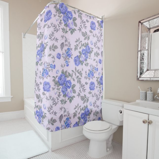 Modern Floral Blue Rose Shower Curtain (In Situ)