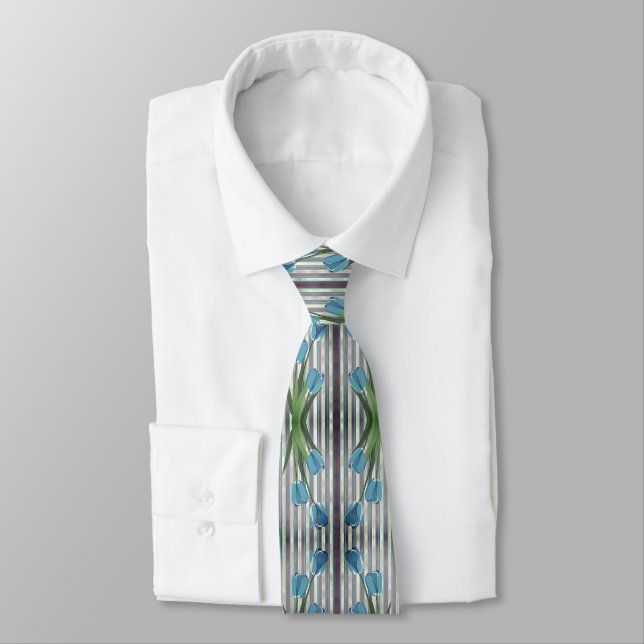 Modern Floral Blue Tulips Botanical Elegant Tie (Tied)
