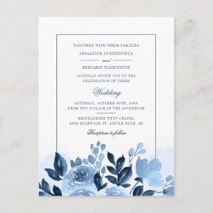 Modern Floral Blue Watercolor Flowers Wedding Invitation Postcard
