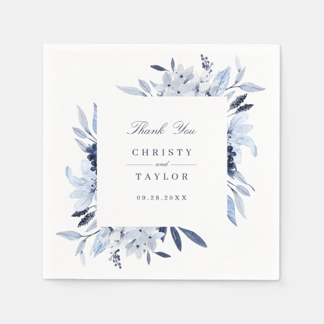 Modern Floral Blue Watercolor Personalised Napkin (Front)