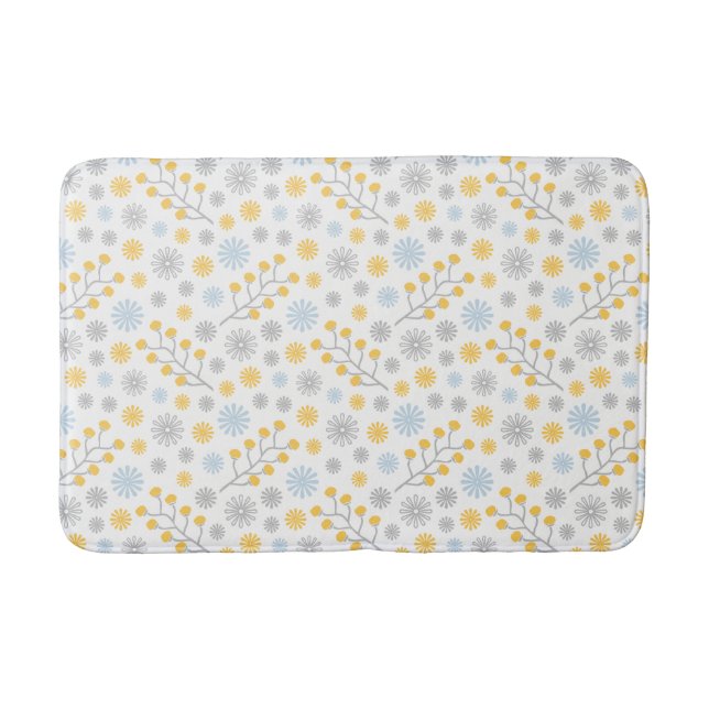 Modern Floral Blue Yellow & Grey Medium Bath Mat (Front)